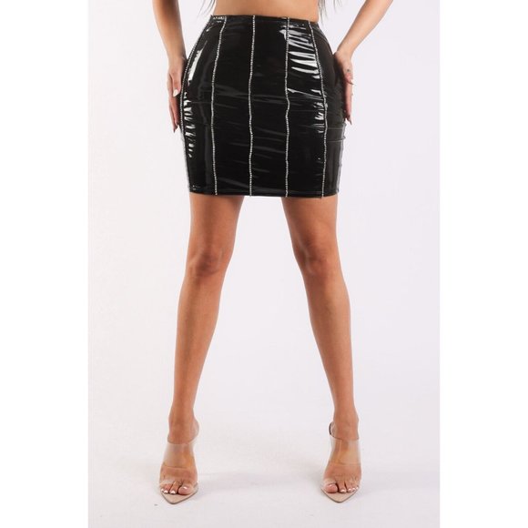 Boutique Dresses & Skirts - Women's Casual Back Zip-Up Rhinestone Trimmed Latex Mini Skirt Black Nude S,M,L